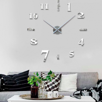3D Samolepljivi zidni sat, srebrni 1m x 1m T4311S